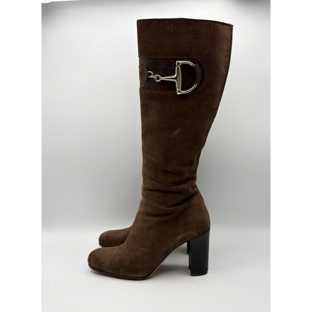 Gucci Brown Suede Knee High Boots GG Logo Accent Silver Horse-bit Size EU 36.5 - Picture 2 of 14